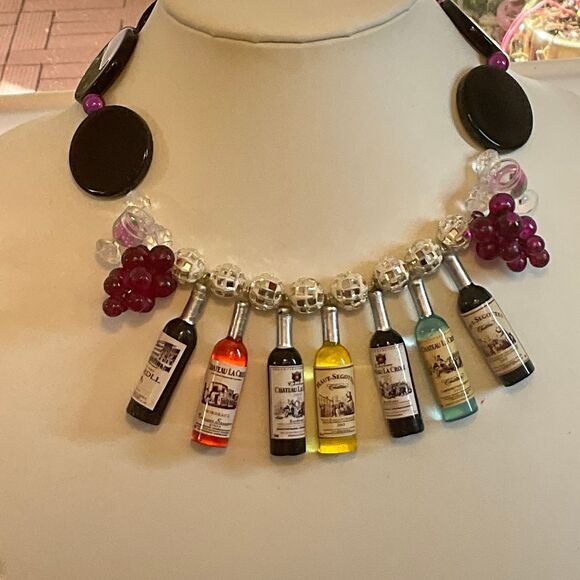 Wine Lover’s Statement Necklace, Miniature Wine Bottle Jewelry with Earrings - Picture 2 of 9